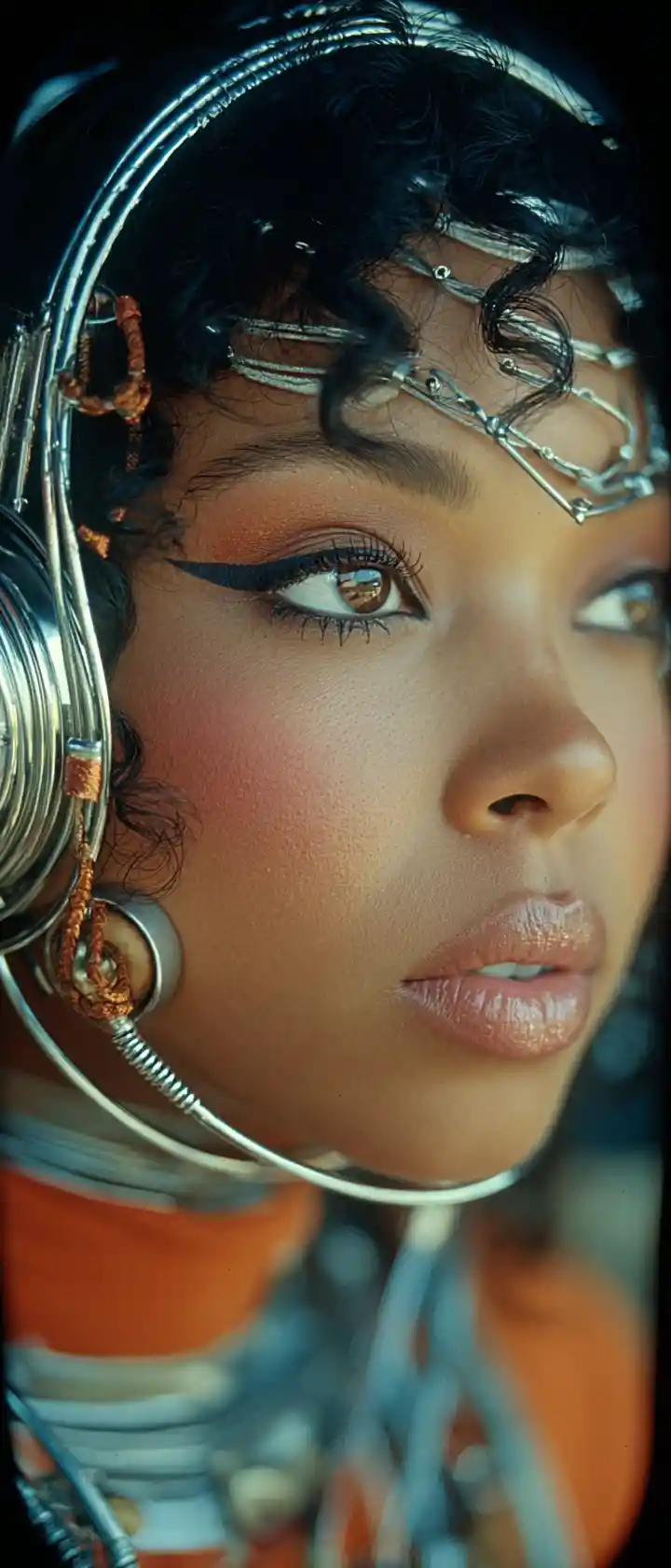 Mujer glamurosa con sombra de ojos color cobre y labial oscuro