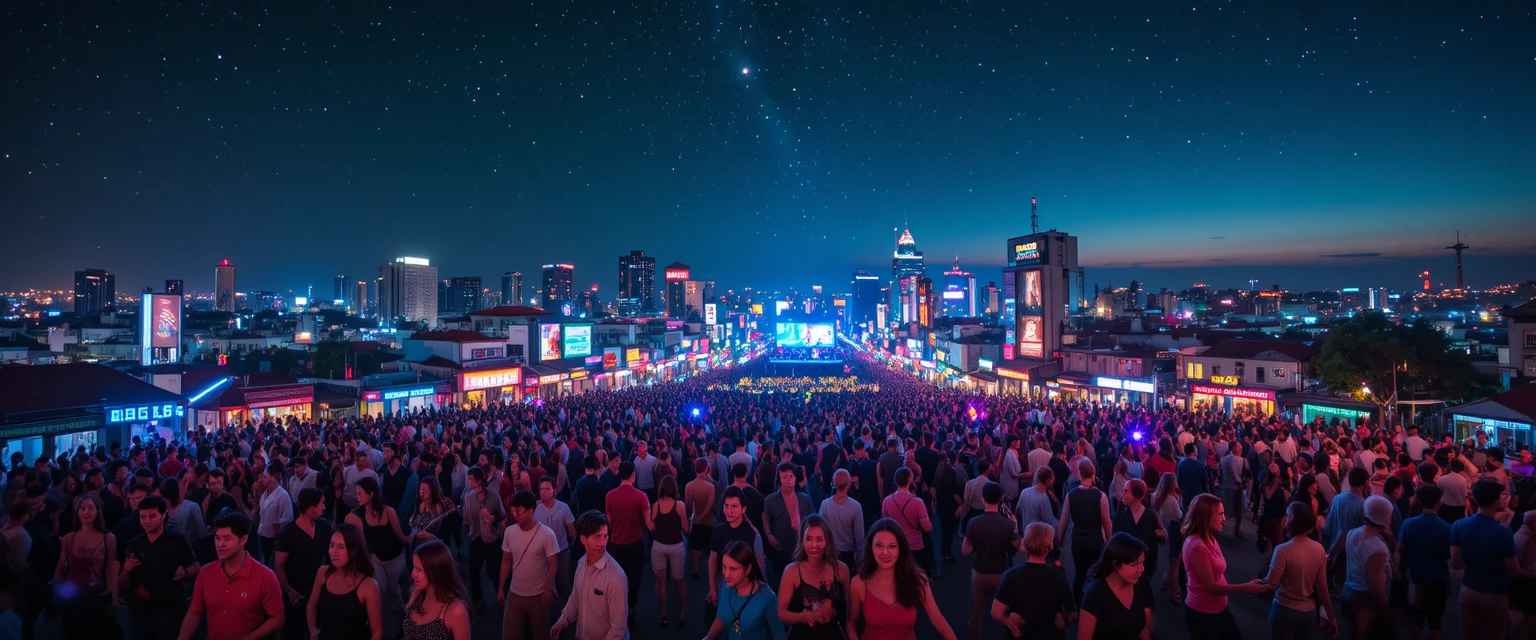 Multidão na cidade iluminada por neon dançando sob um céu estrelado