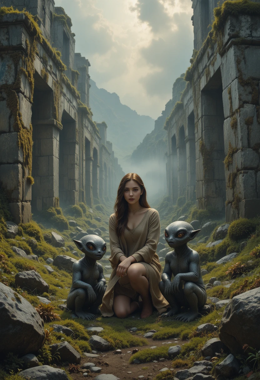 Woman kneeling in ancient ruins with glowing alien creatures