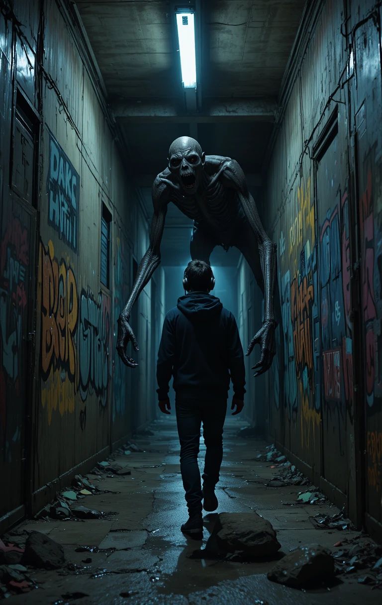 Emaciated monster reaches for teen in urban underpass