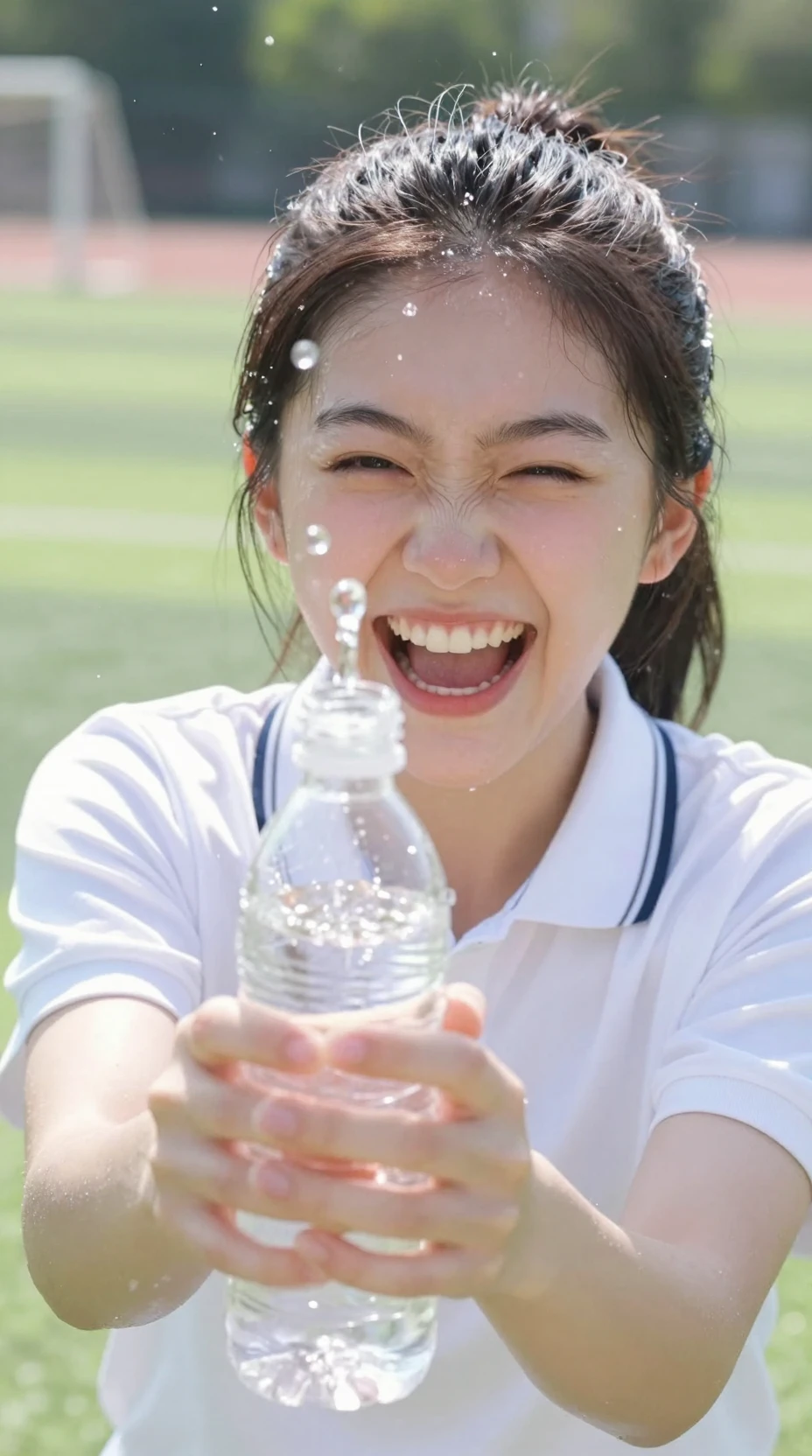 Laughing girl splashing water toward the camera lens
