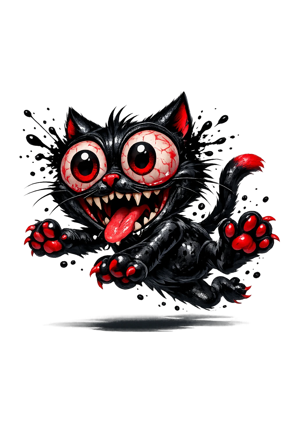 Gato de desenho animado maníaco com olhos saltados e injetados de sangue e sorriso sinistro