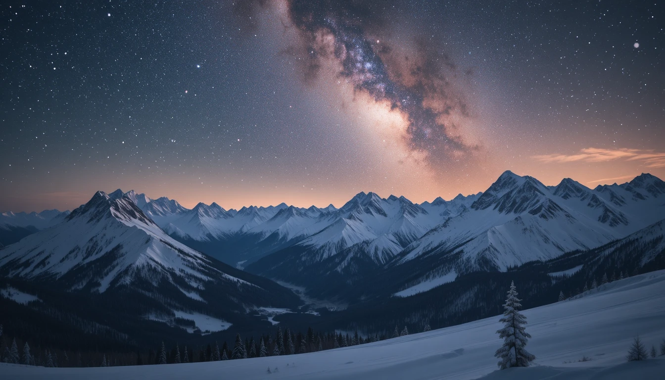Montanhas nevadas sob um céu estrelado e a Via Láctea