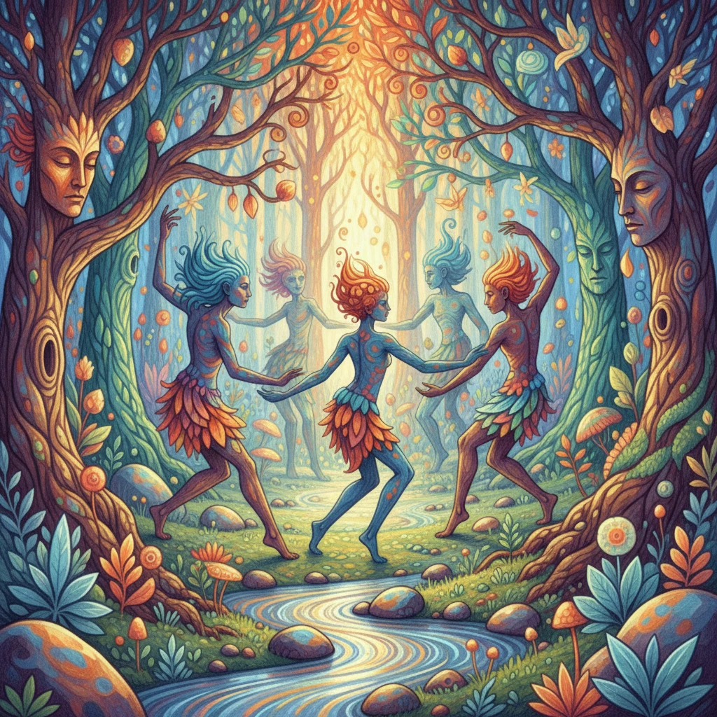 Figuras proto-humanas dançando em uma floresta fantástica luminosa