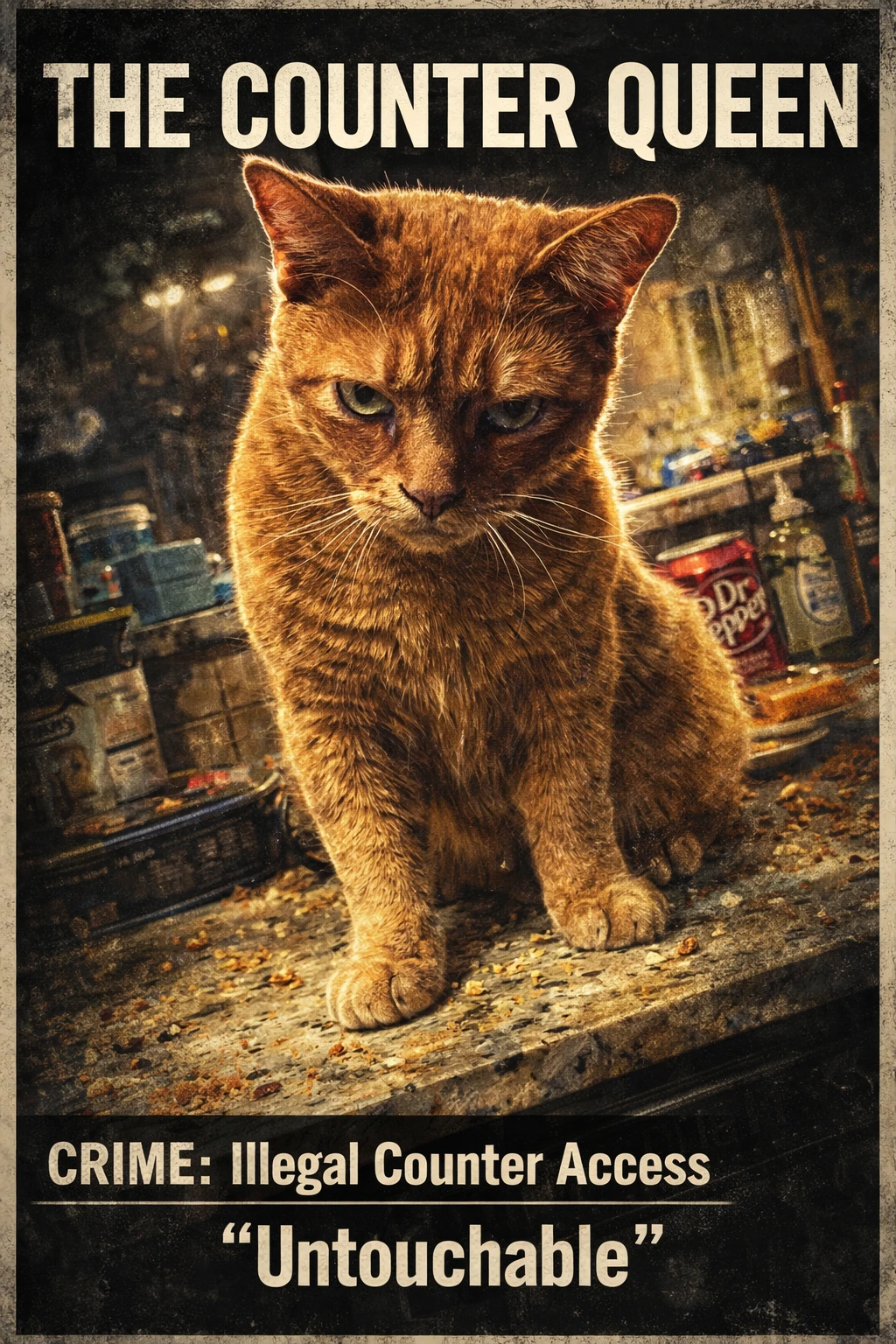 Affiche cinématographique d’un chat suffisant sur un plan de travail de cuisine en désordre