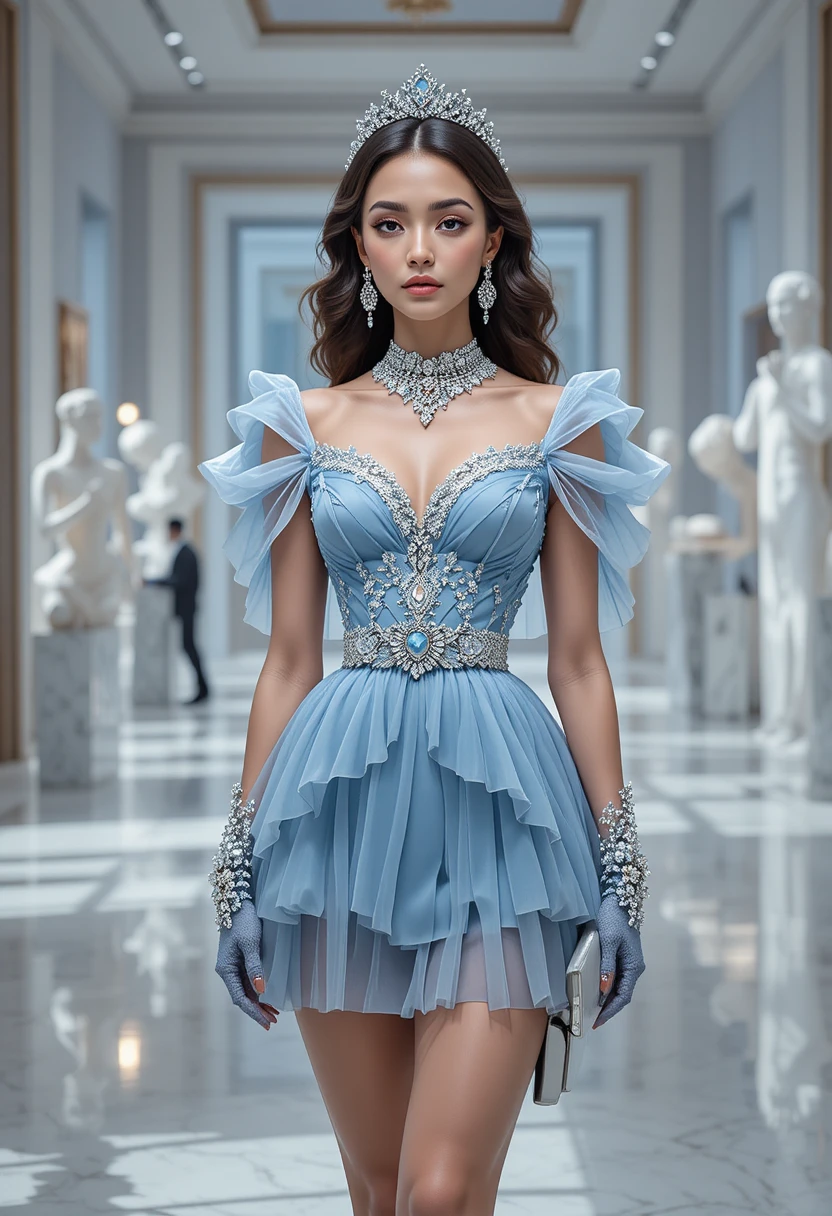 Elegantes Couture-Modeporträt in einer modernen Kunstgalerie