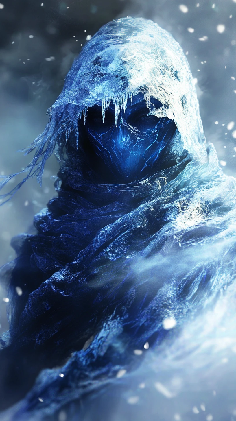 Mystical ice cloaked woman standing in a frozen wasteland