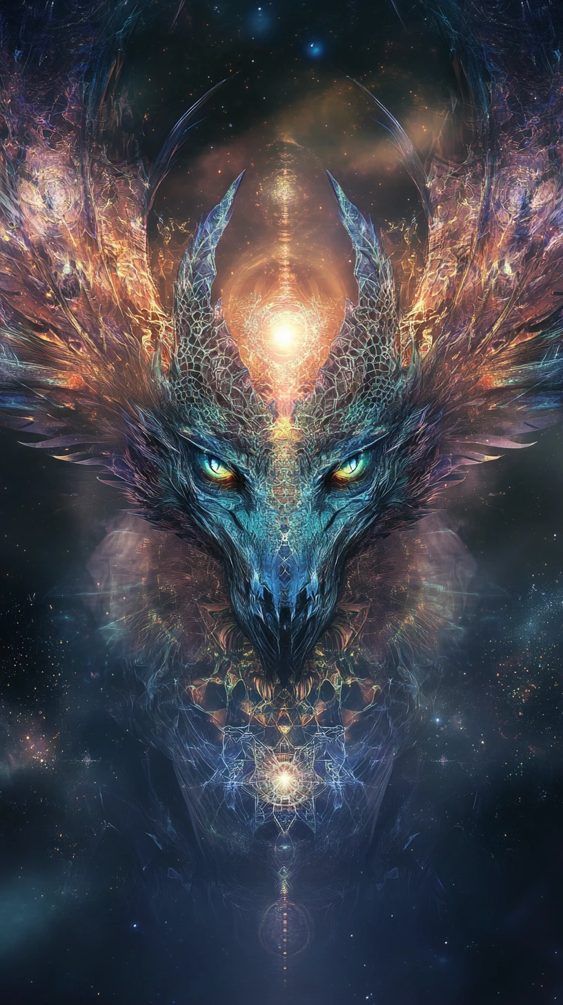 Surreal cosmic dragon woven from shifting geometric patterns