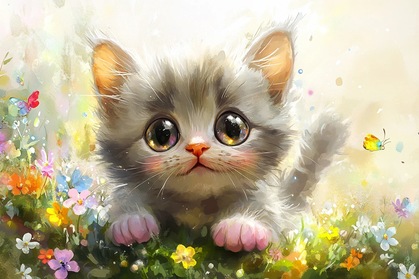 Chaton duveteux dans une prairie de fleurs sauvages – art aquarelle