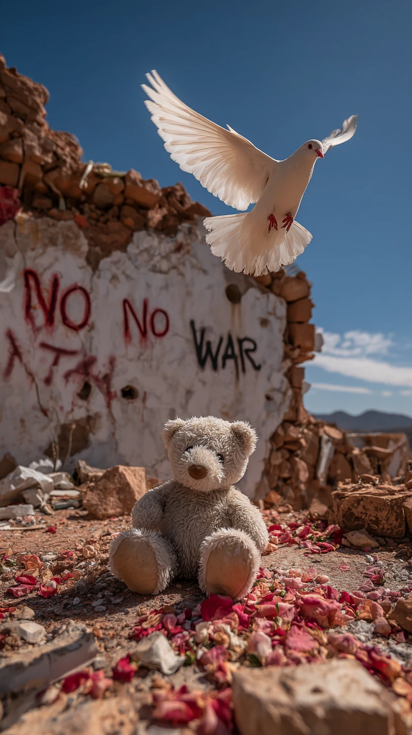 Weiße Taube fliegt über Teddybär und Rosenblüten