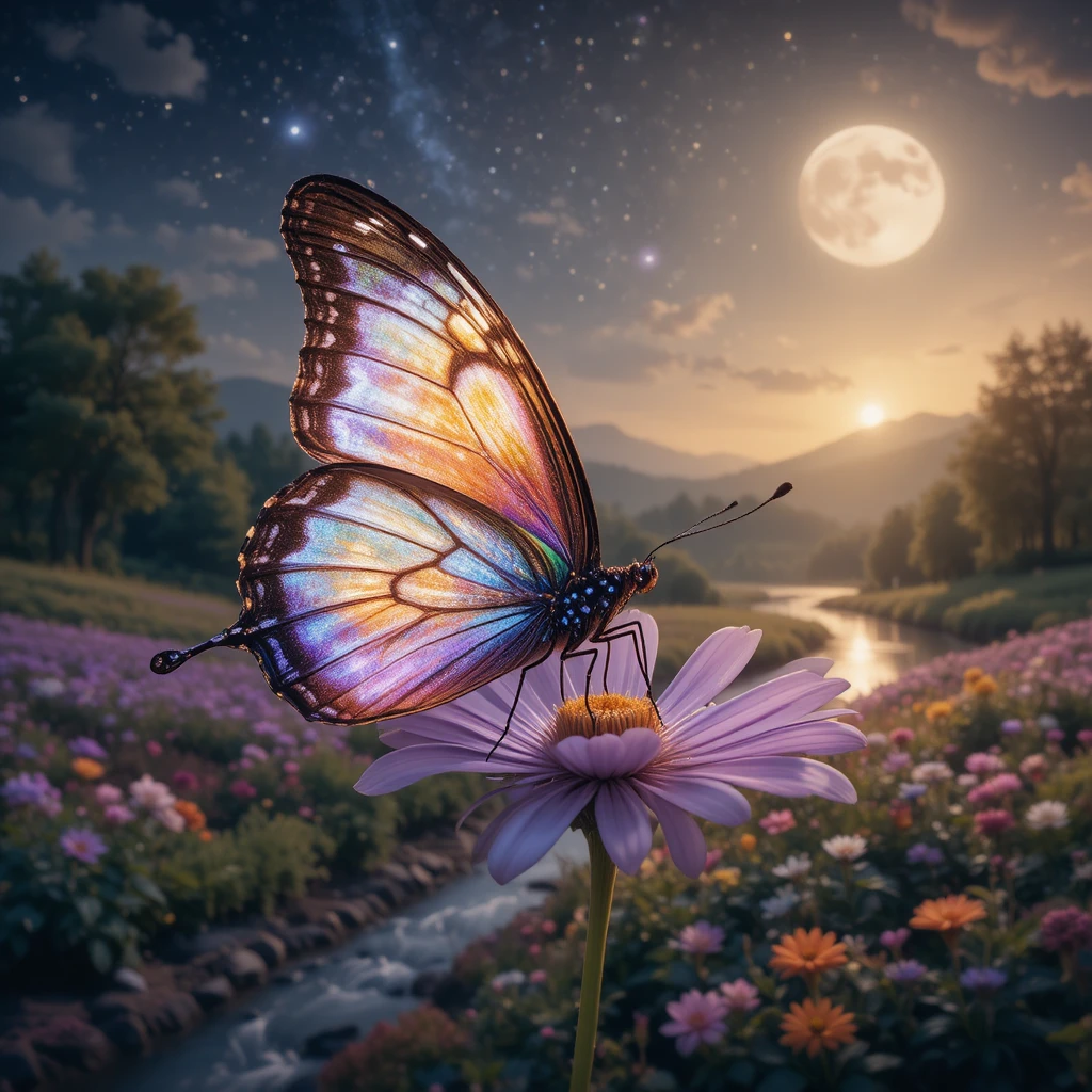 Butterfly On Purple Flower With Dreamlike Landscape Wings