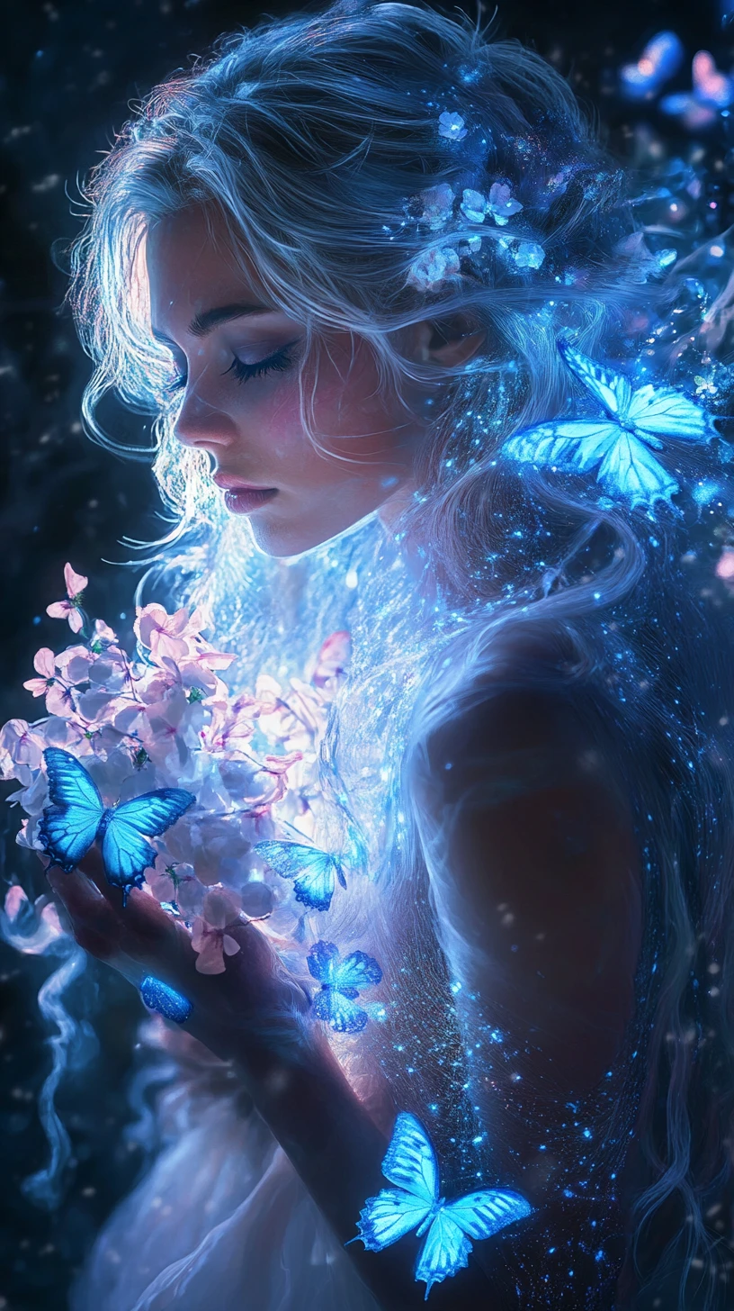 Donna eterea dai capelli d’argento con fiori farfalla luminosi