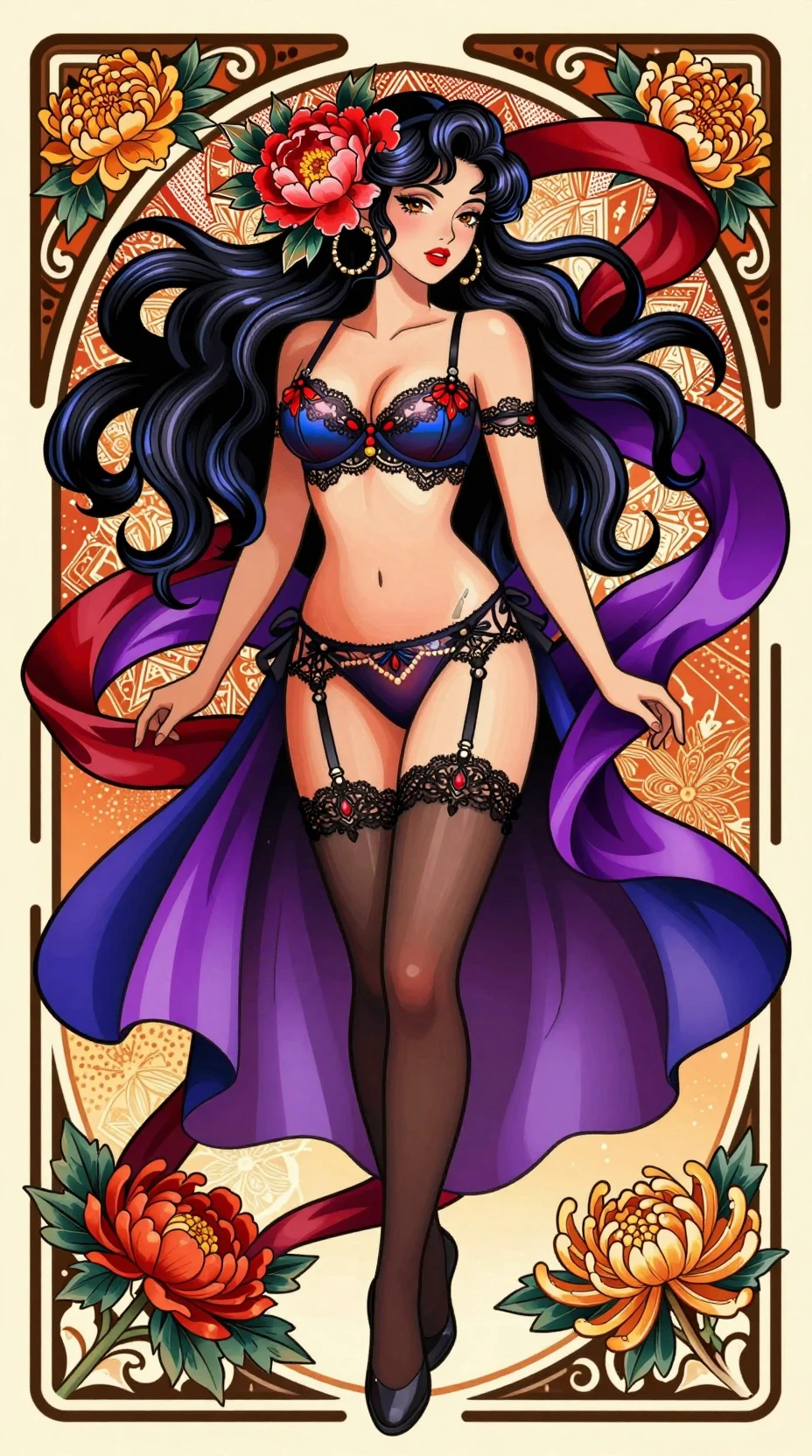 Neo traditional anime pin up woman with floral tattoo style