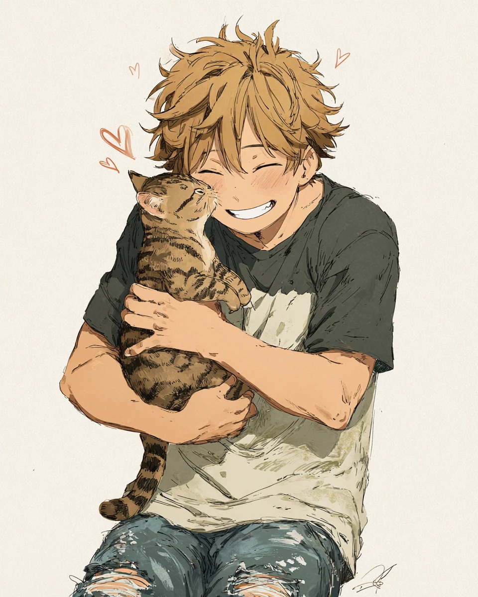 Homem de anime alegre abraçando gato malhado em fundo branco