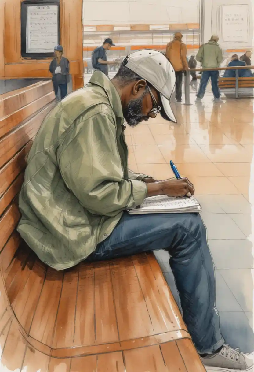 Urban sketch of man writing alone in busy station