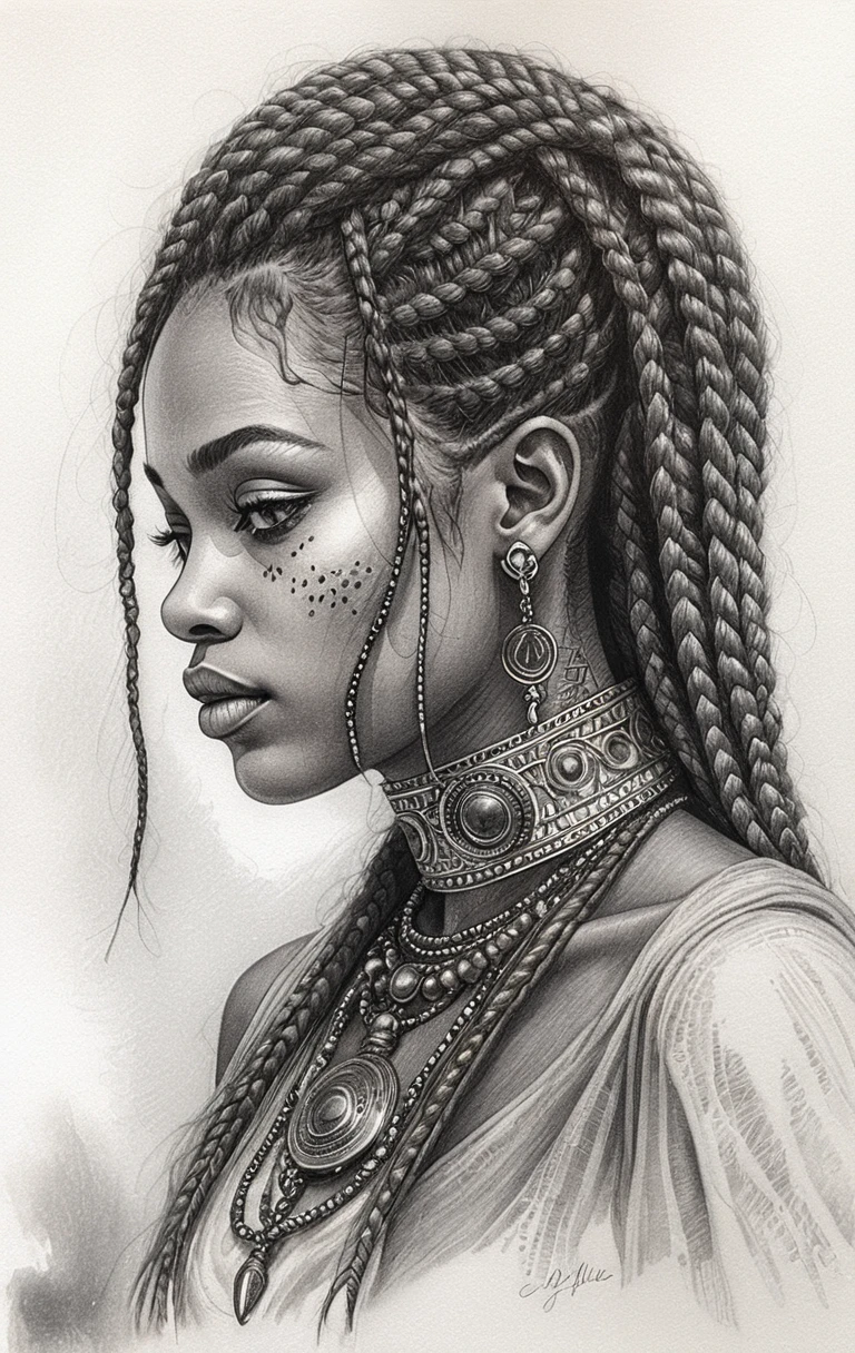 Graphite profile portrait of a braided warrior woman