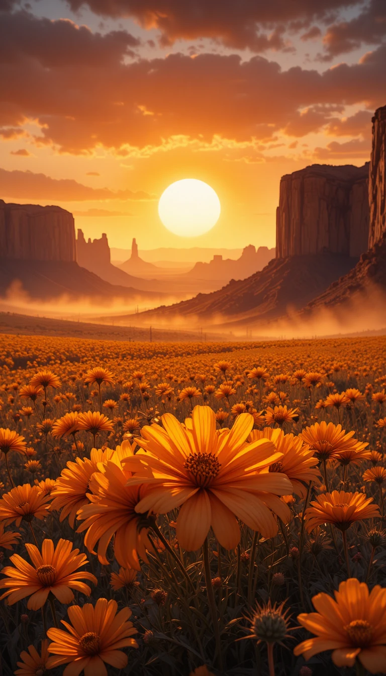 Golden hour cosmos flowers in a glowing wide field