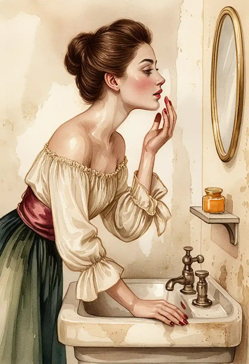 Mujer en lavabo de baño vintage en ilustración a tinta y acuarela