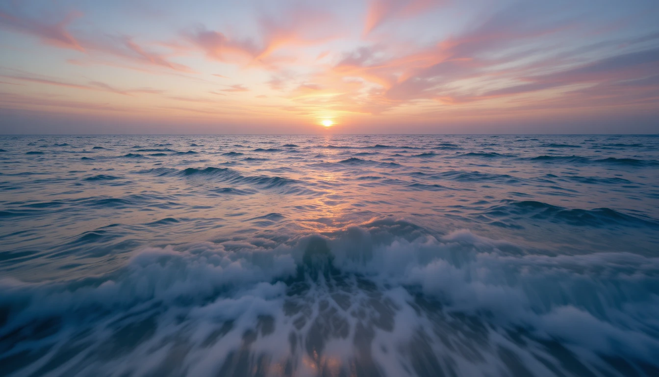 Horizonte sereno do oceano ao pôr do sol com ondas suaves
