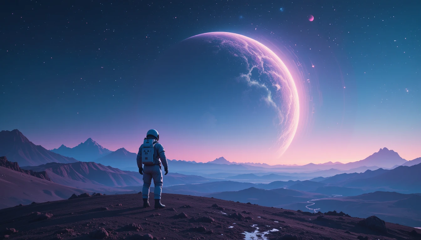 遠くのリングの下に立つ、光り輝く異星の惑星の孤独な宇宙飛行士