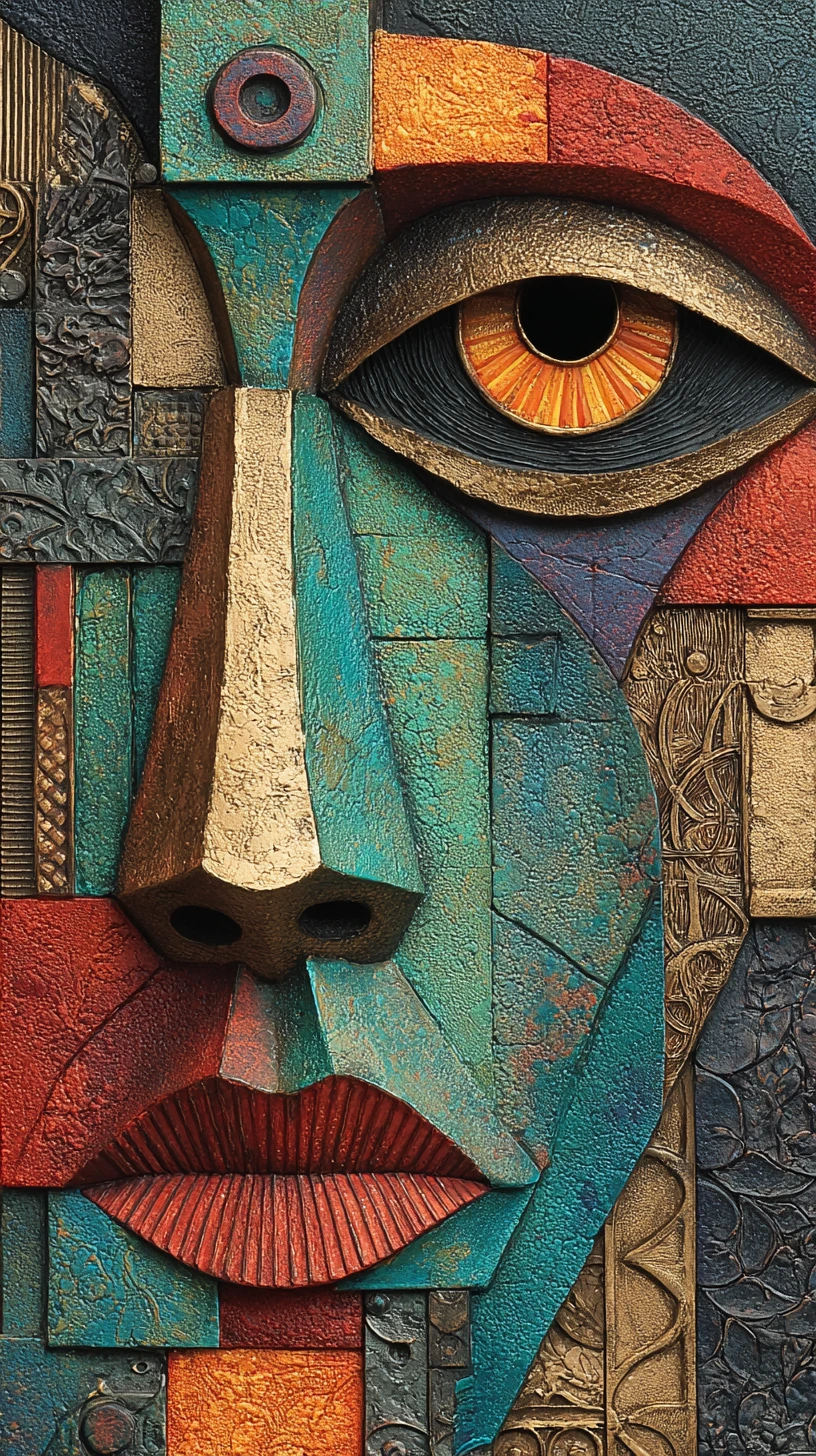 Close de rosto humano esculpido em mídia mista abstrata