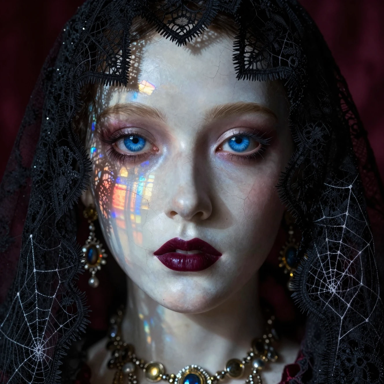 Misteriosa donna gotica dietro il pizzo nero alla luce delle vetrate