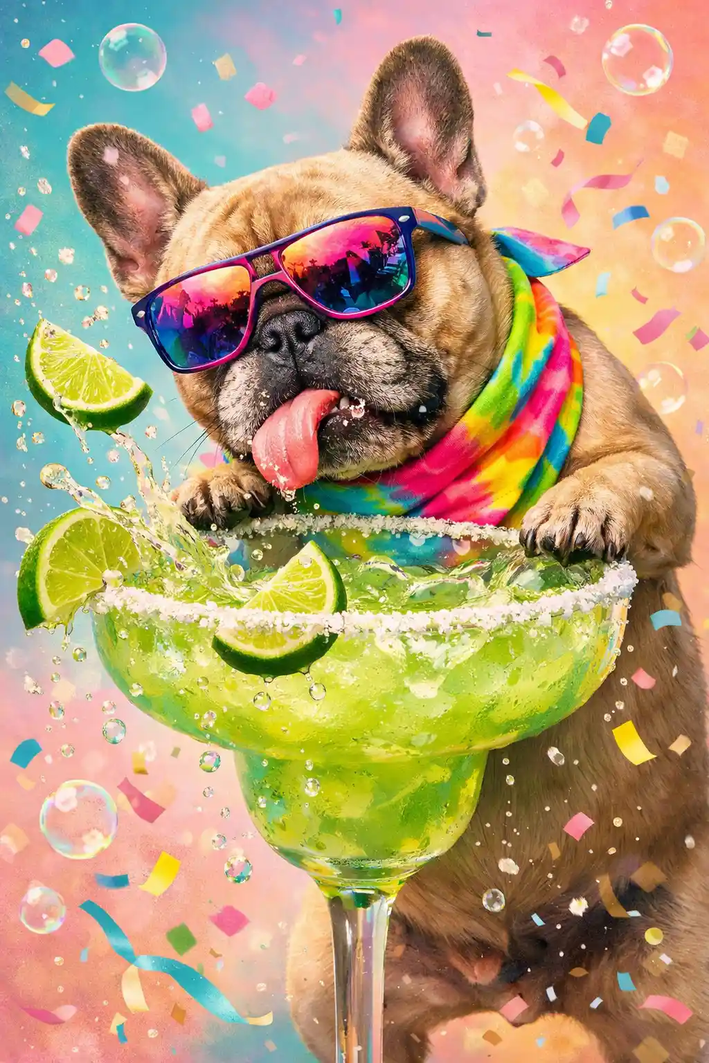 French bulldog licking margarita glass in playful chaos