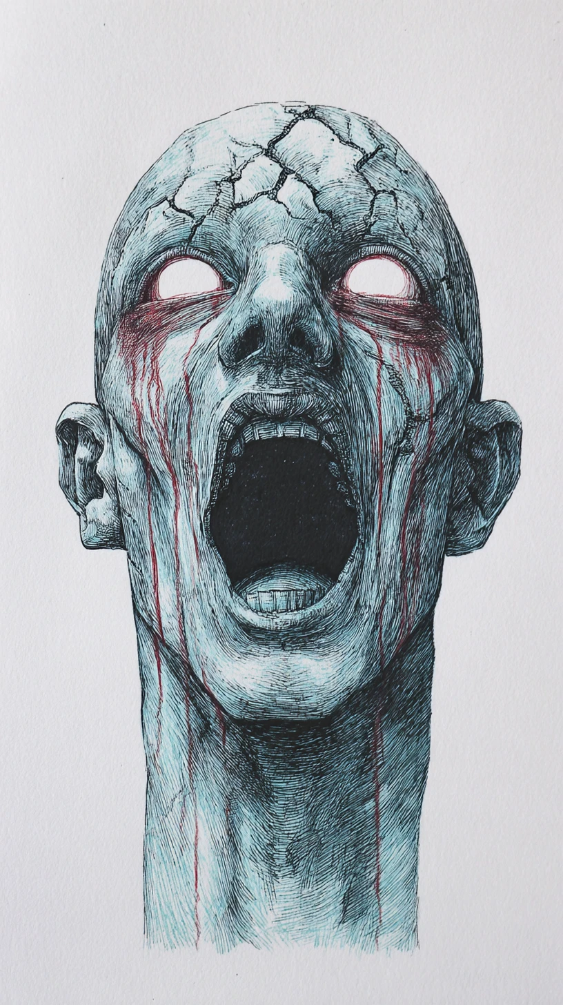 Dessin à l’encre de crâne écorché hurlant aux yeux sanglants