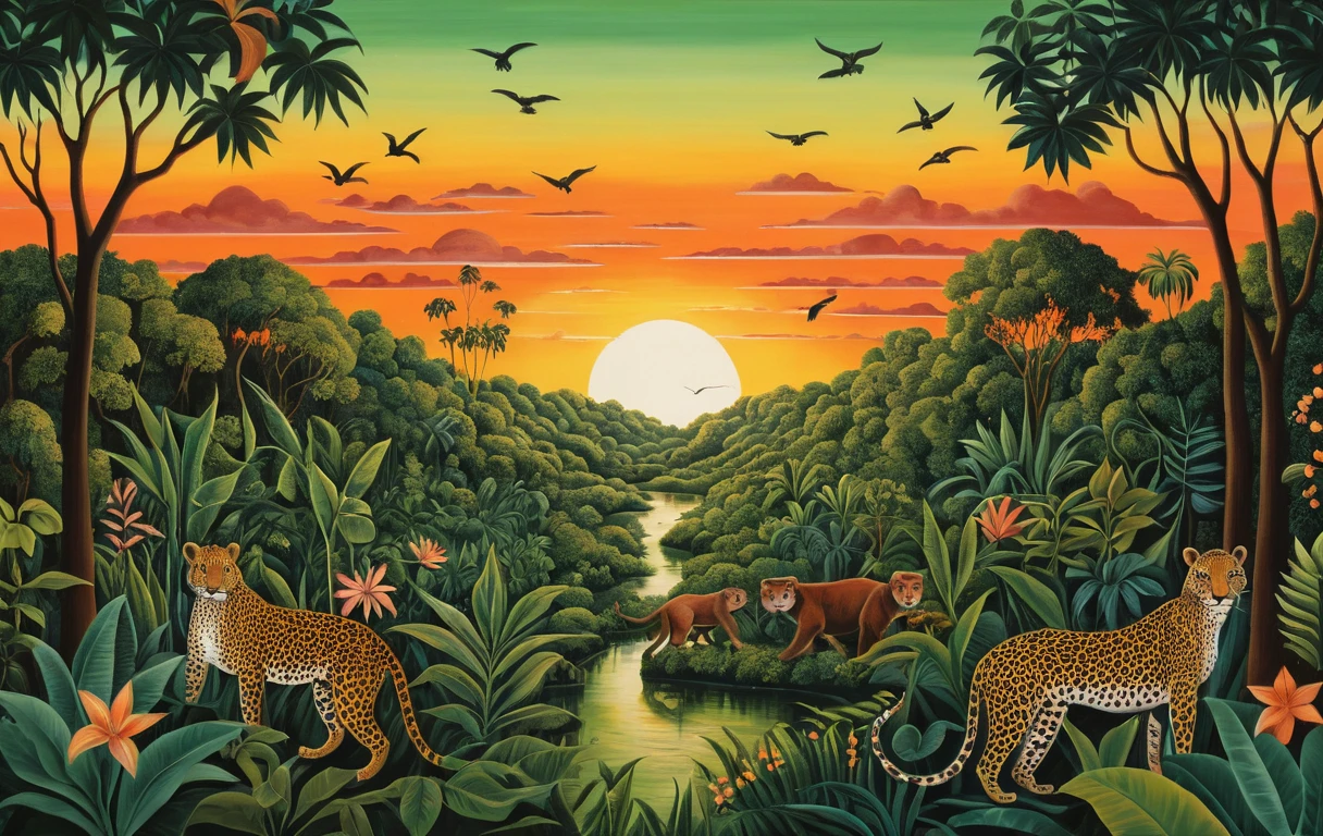 Pôr do sol ingênuo em óleo sobre selva exuberante repleta de vida selvagem