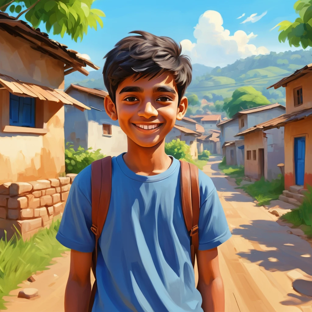 Menino de vila em 3D estilo cartoon sorrindo em um dia ensolarado