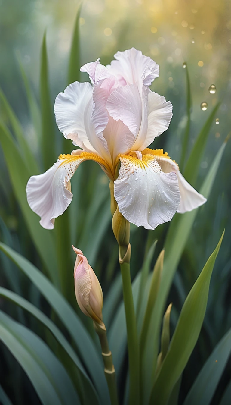 Iris bianco con tocchi dorati nella soffice luce del mattino in acquerello