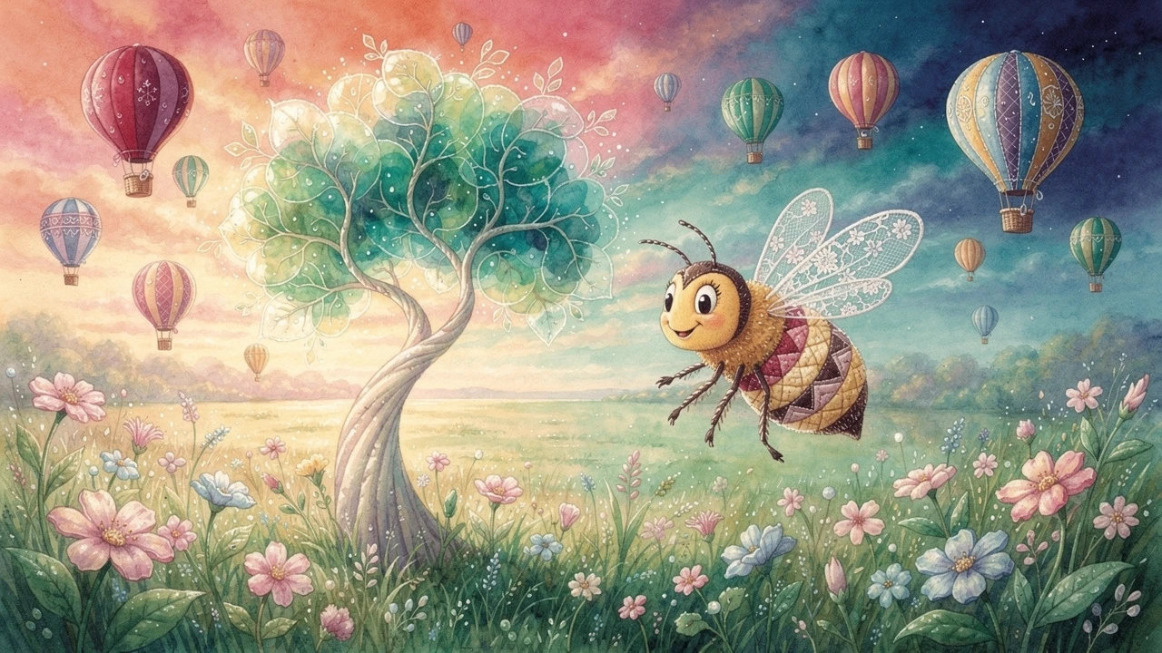 Smiling Quilted Bee Above A Lush Fantasy Meadow