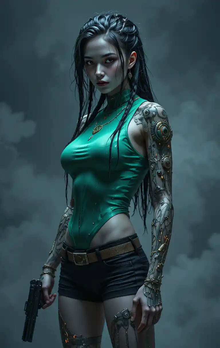 Donna cyberpunk con tatuaggi meccanici e occhio cibernetico rosso