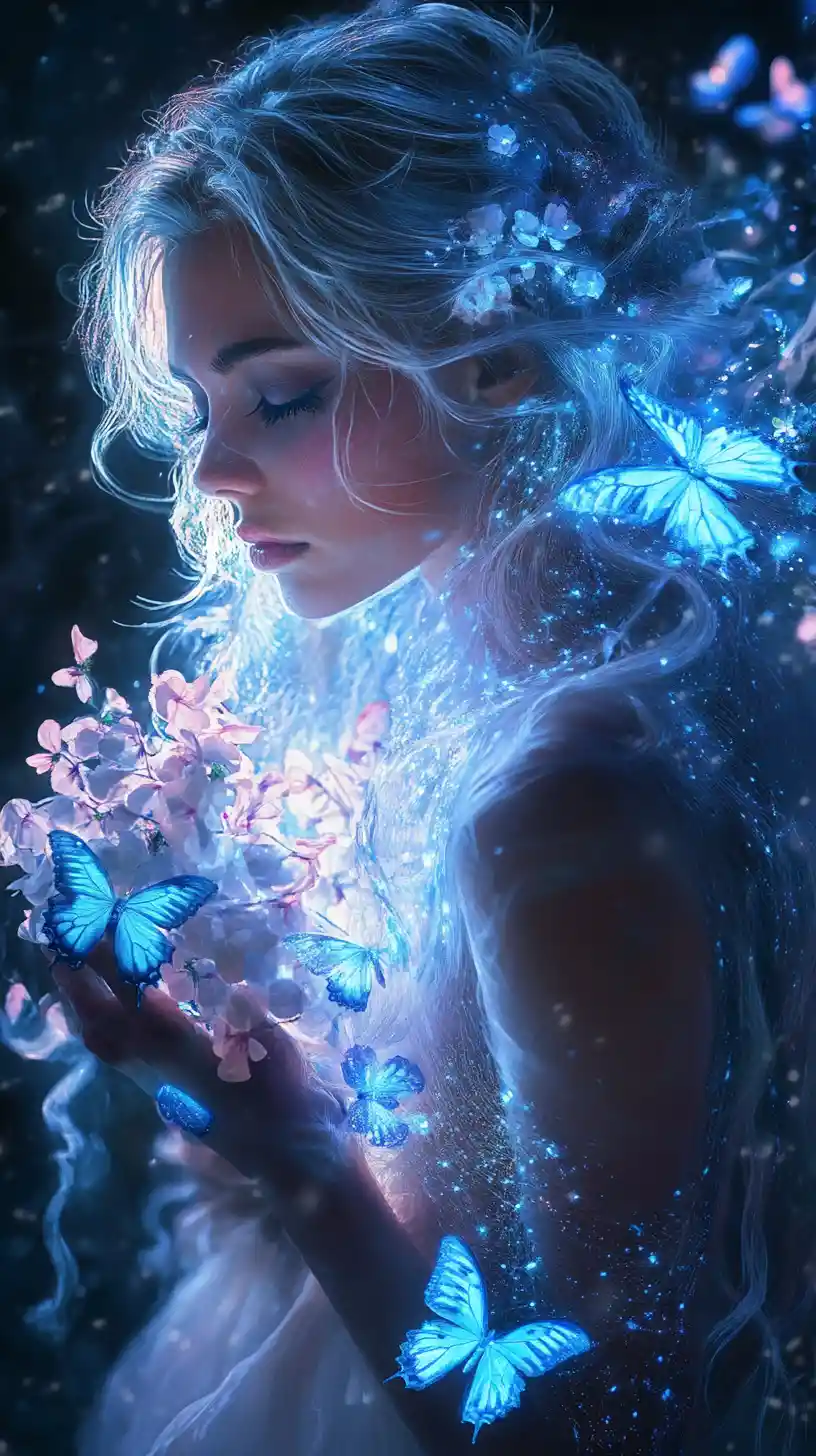 Femme éthérée aux cheveux argentés avec fleurs papillons lumineuses