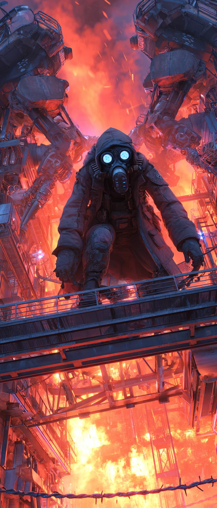 Cavaleiro de anime em mecha gigante em cidade industrial em chamas