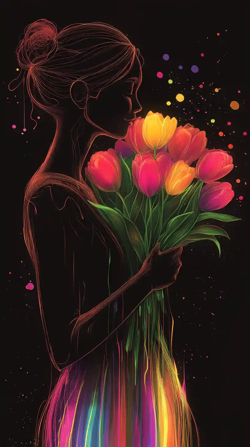 Melancholic woman in profile with radiant tulip bouquet