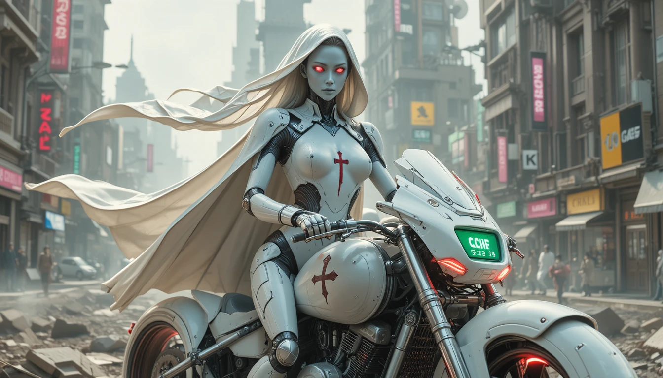 Templar inspired female robot riding a neon futuristic bike