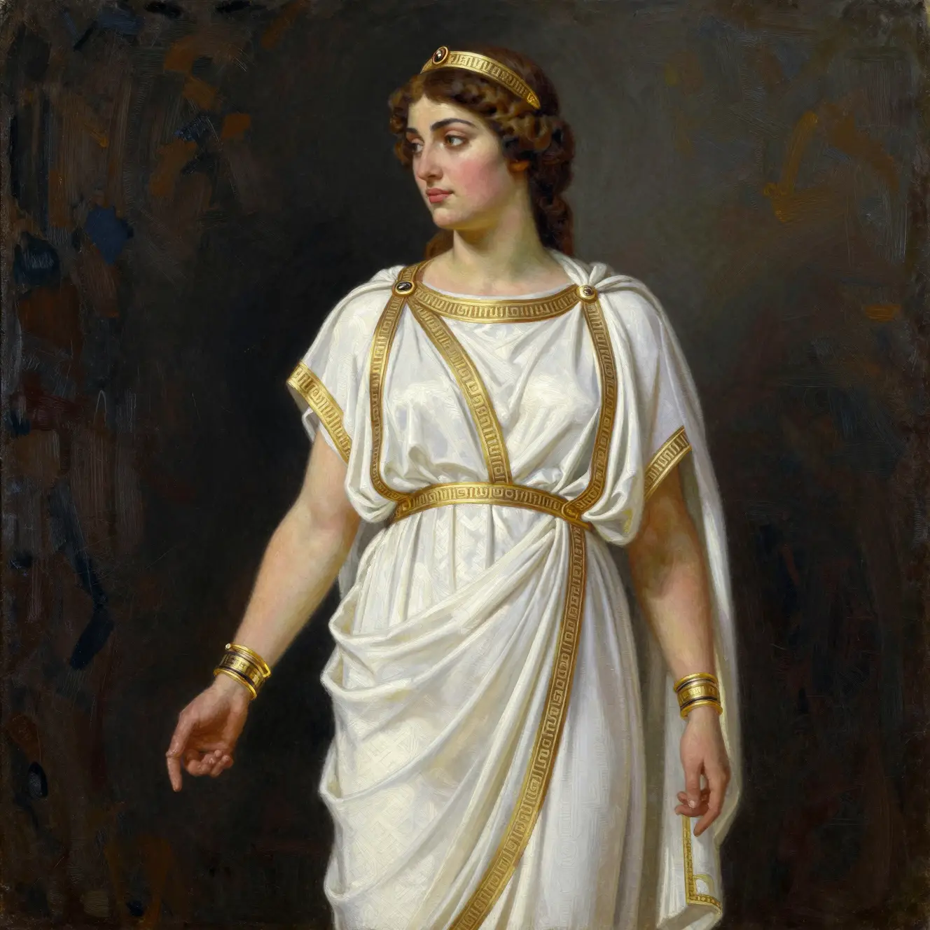 Elegante Frau in klassischer antiker griechischer Stickkleidung