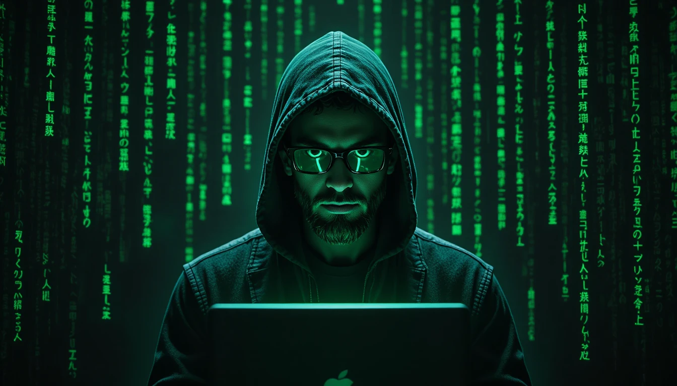 Hacker incappucciato con laptop sotto una pioggia oscura di codice digitale