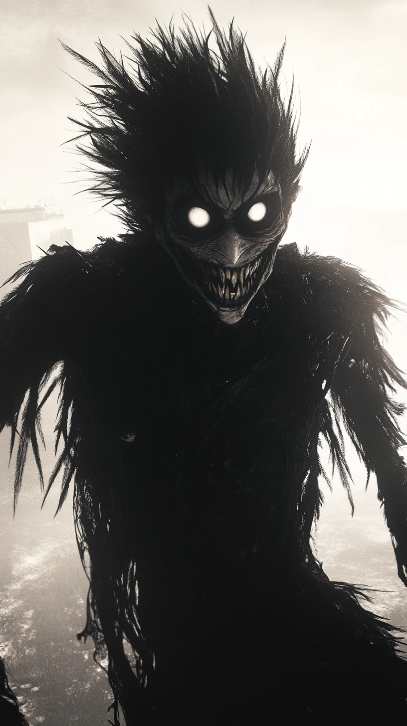 Sinistro mostro anime sotto un cielo monocromatico nebbioso
