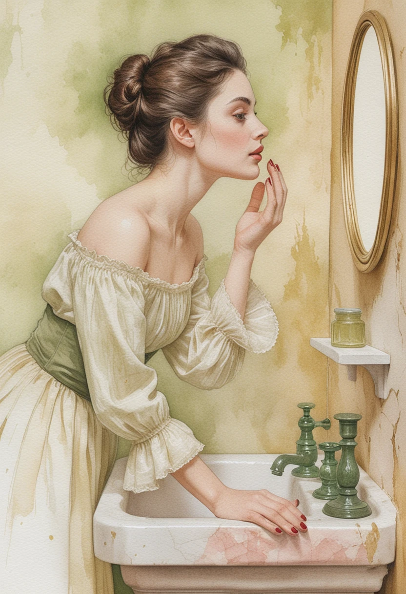 Romantische Aquarellfrau im Profil am Vintage-Badwaschbecken