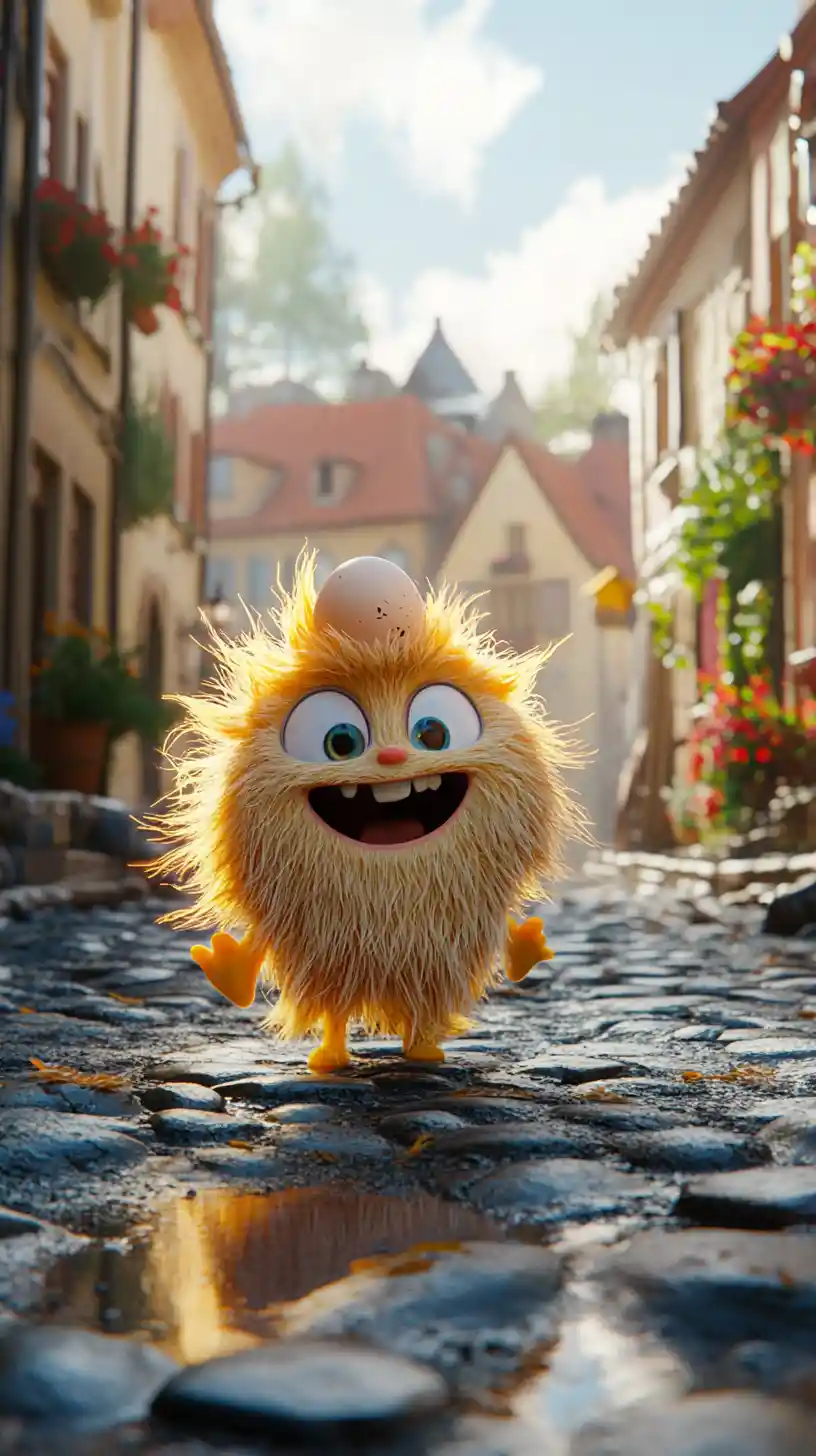 Laughing 3D puppy on sunny cobblestone village street