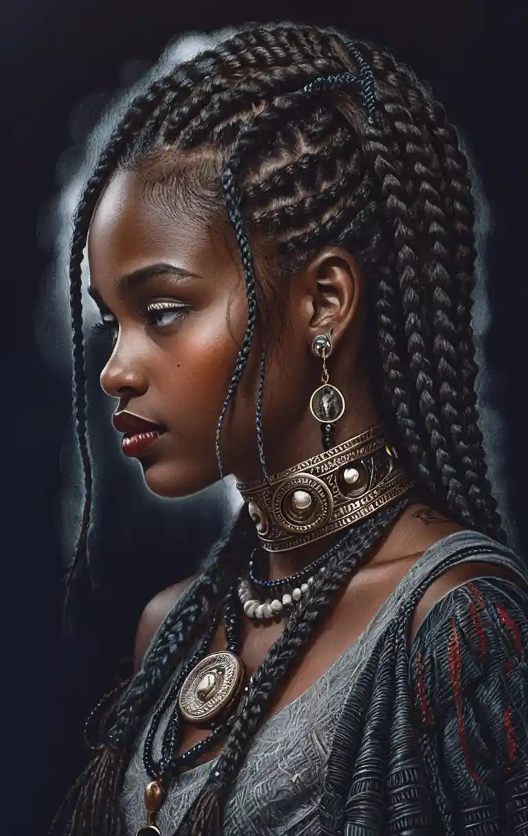 Pencil side profile portrait of braided black warrior woman