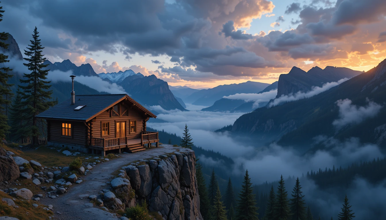 Cozy wooden cabin above a misty mountain valley