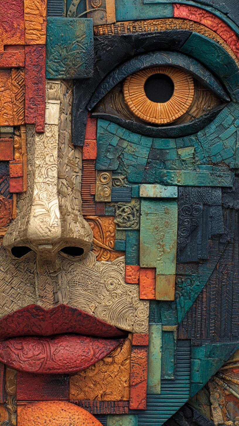 Abstraktes Mixed-Media-Nahporträt eines skulpturalen menschlichen Gesichts