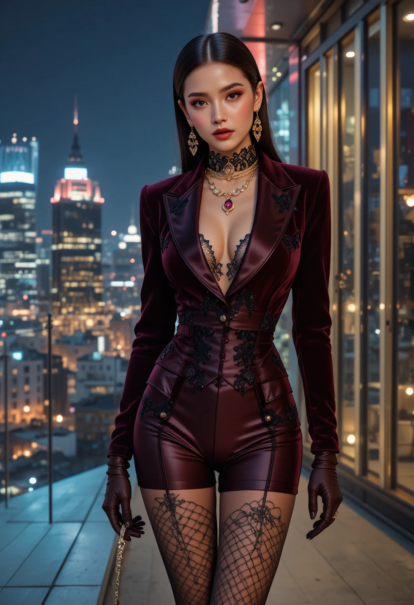 Elegantes Fashion-Model auf einer neonbeleuchteten Dachterrasse