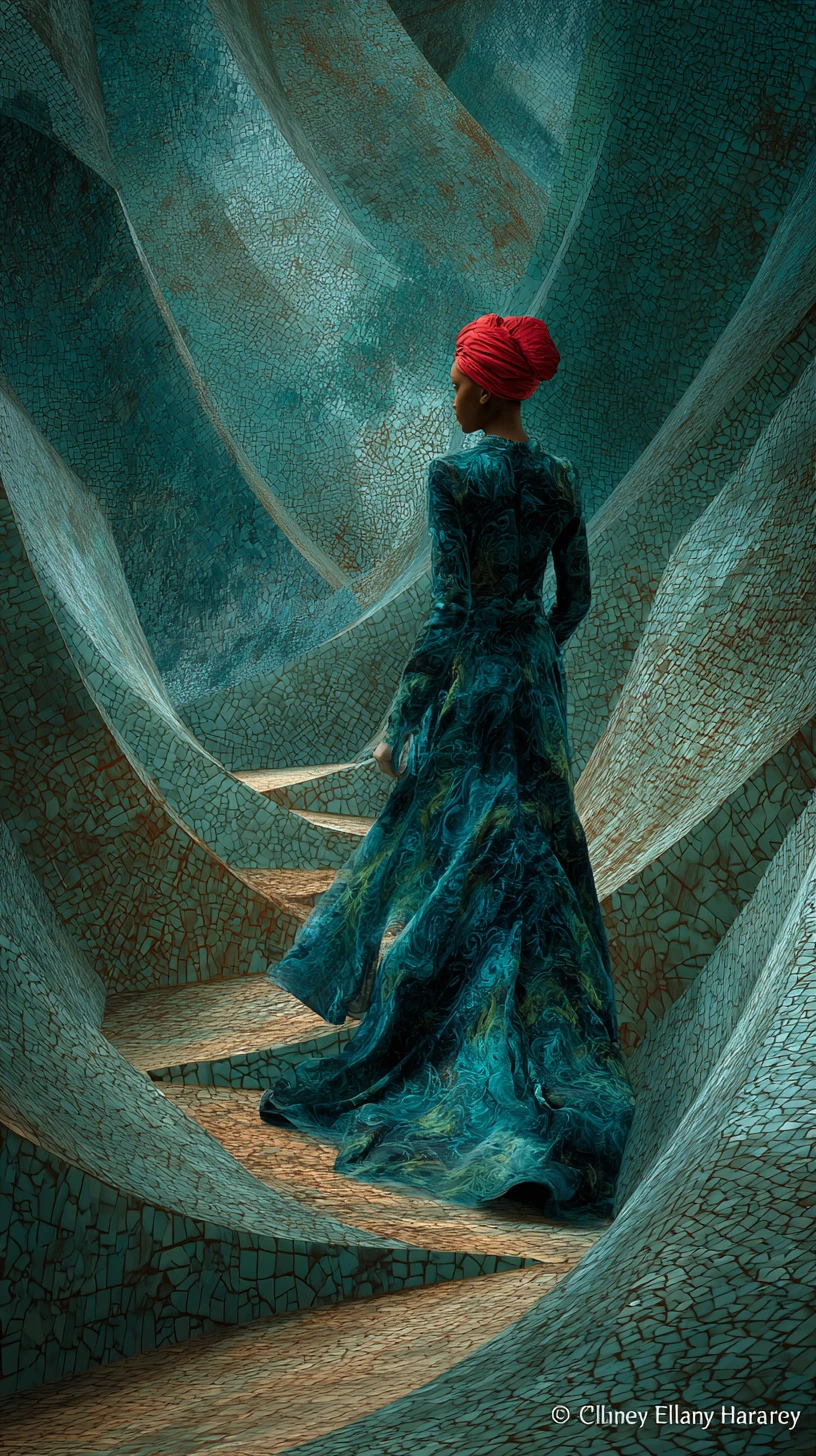 Elegant woman walking along a golden path of mosaics