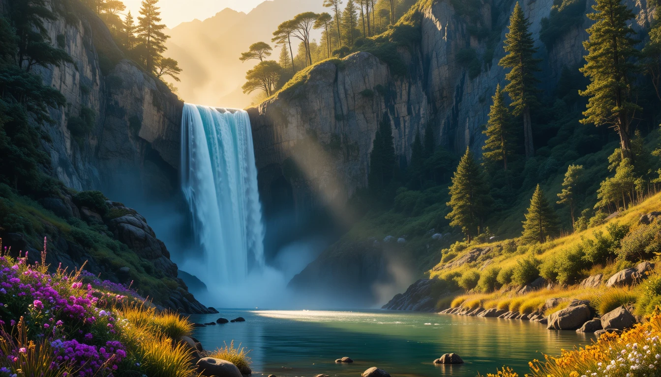 Maestosa cascata in una gola rocciosa all’ora d’oro