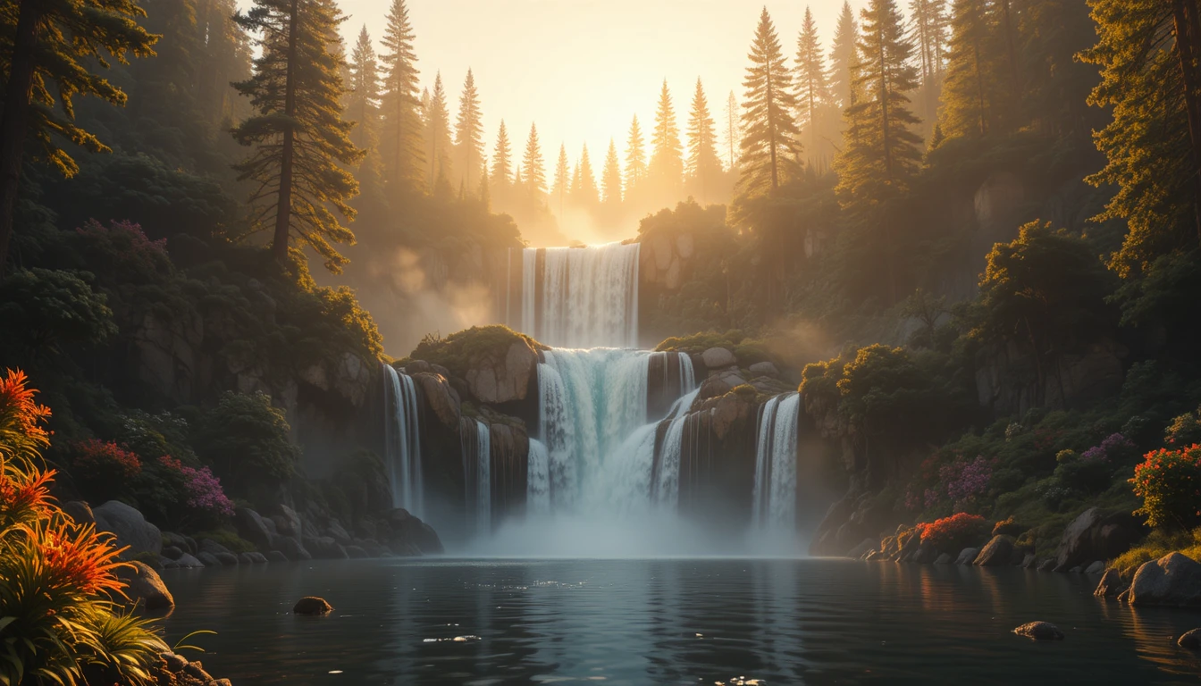 Cascata cinematografica nel bosco con laghetto calmo e riflettente