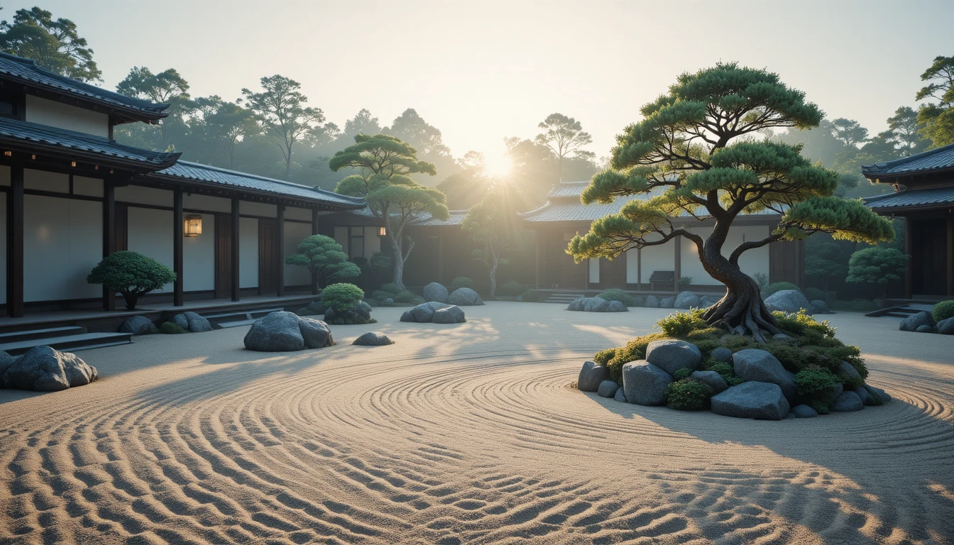 柔らかな朝の光に包まれた盆栽のある日本の禅庭園